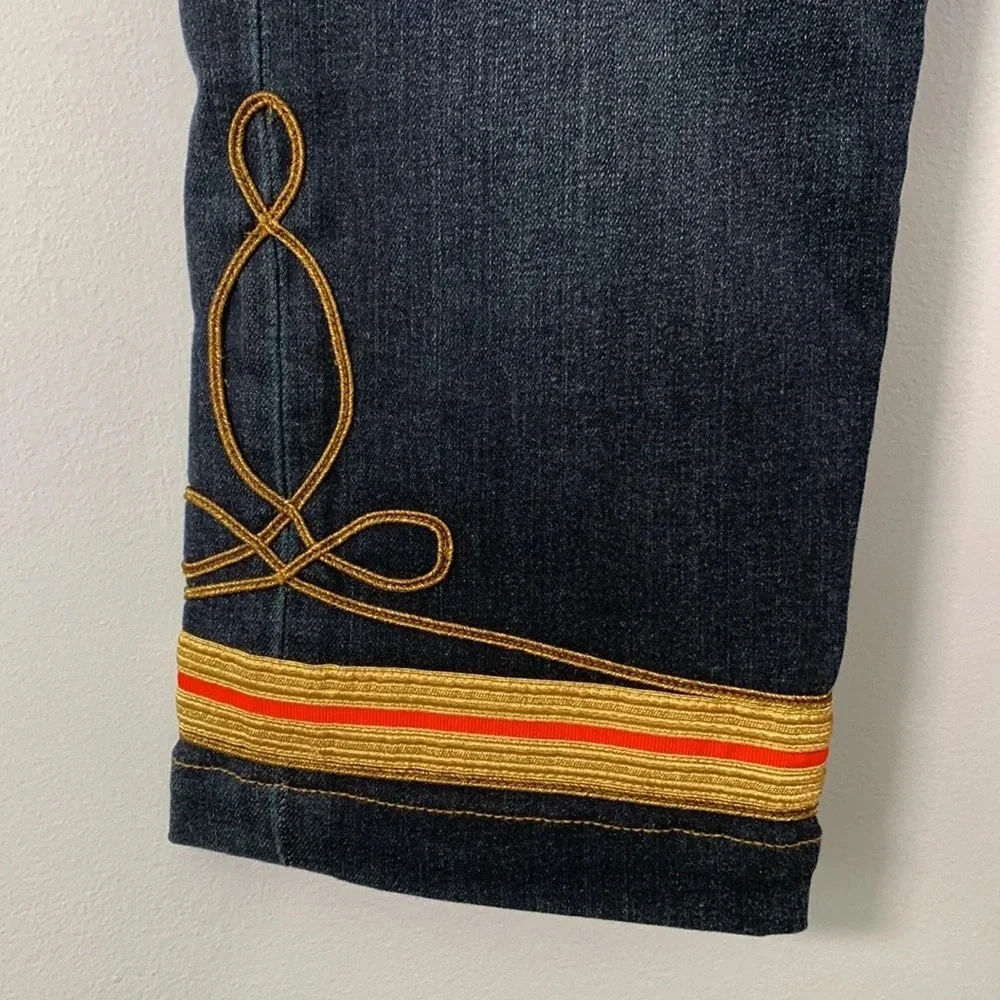 Laren Ralph Lauren gold red embroidered soutache cuff medium wash jeans size 12